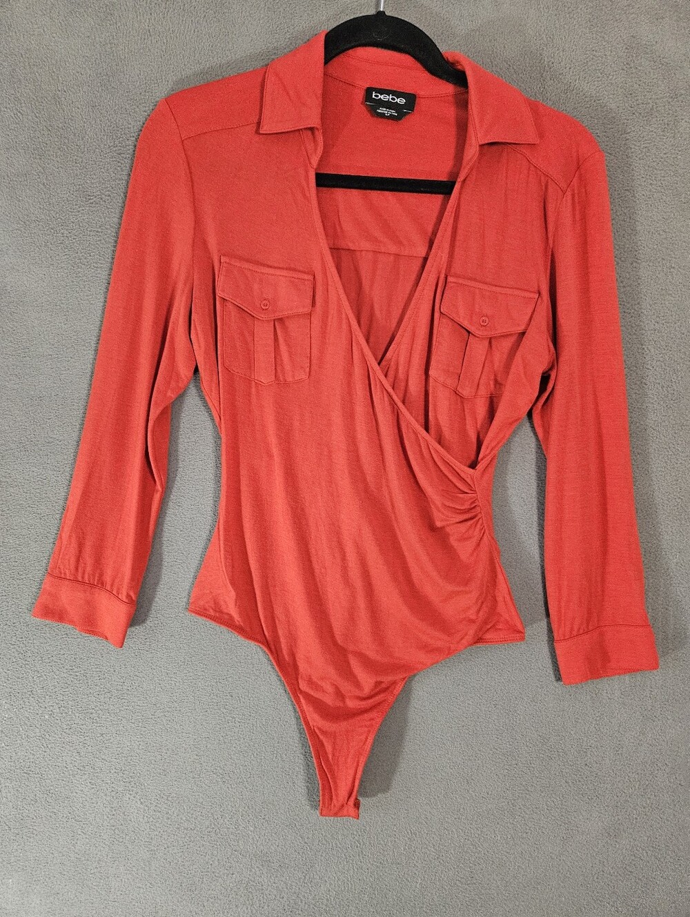 Bebe Small Polo Faux Wrap Bodysuit Shirt Red Cargo Thong Vneck Long Sleeve